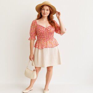 Womens Y2K Pink Floral Peplum‎ Top Size 2X Puff Sleeve Sheer Fairy Cottagecore